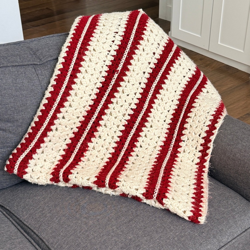 Handmade Unisex Vintage Crochet Afghan Striped Scalloped 45x64 Red Cream Knit